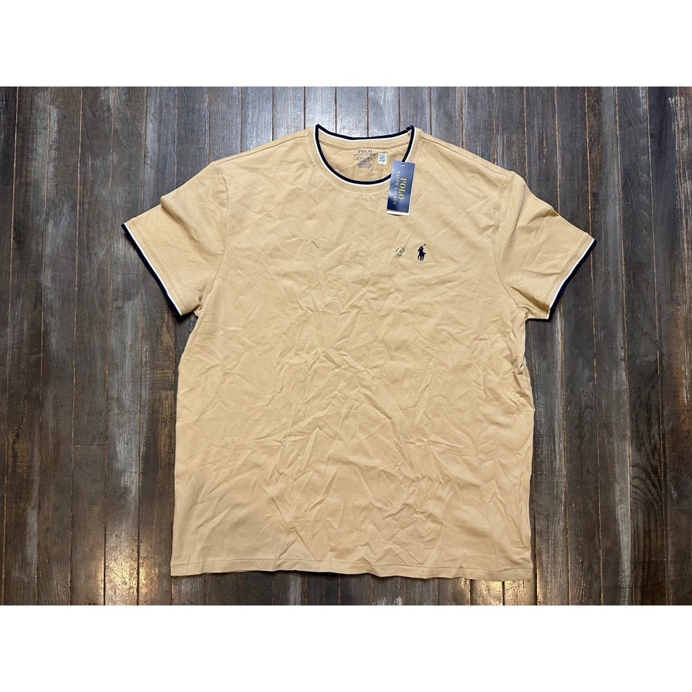 Polo Ralph Lauren Mens Classic Fit T-Shirt Tan Beige Tipped Crew Neck